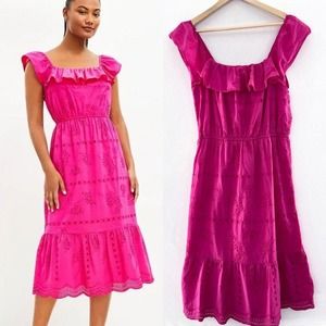 LOFT Hot Pink Tiered Ruffle Eyelet Midi Dress Petite Large Barbie Square Neck